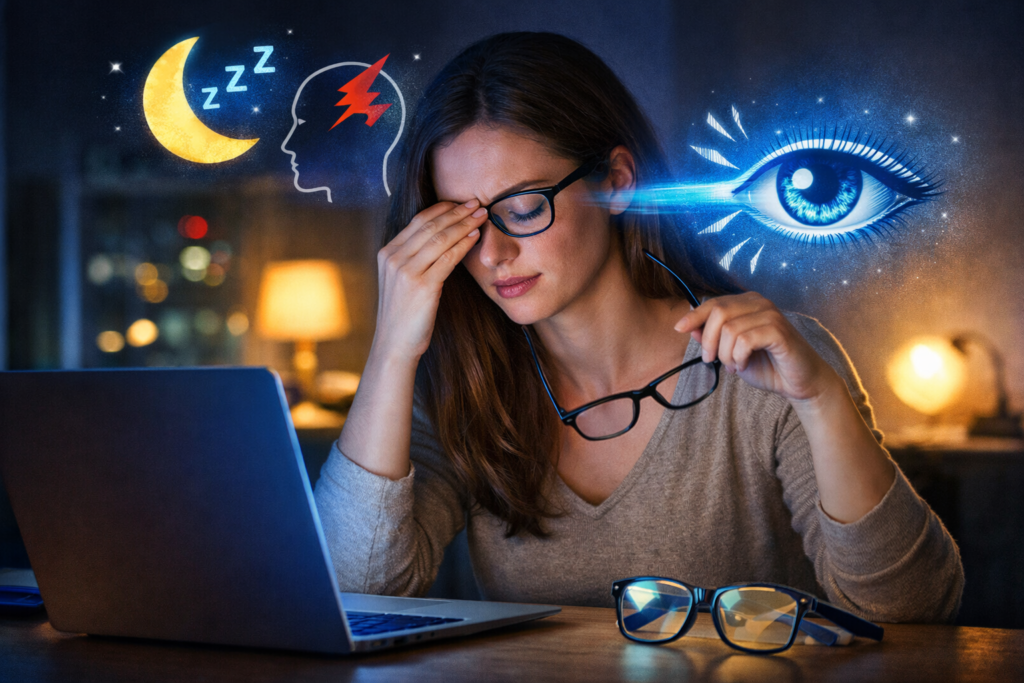 Plavo svjetlo: Zašto šteti očima i kako se zaštititi 1 Žena radi za računarom noću i osjeća umor očiju uzrokovan plavim svjetlom s ekrana, ilustracija uticaja plavog svjetla na oči i san