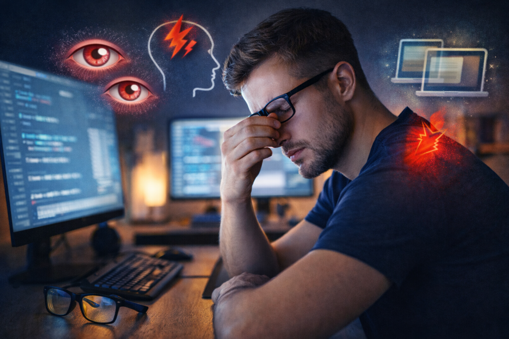 Sindrom kompjuterskog vida: Simptomi i rješenja 1 Muškarac radi za računarom i osjeća simptome sindroma kompjuterskog vida poput umora očiju, glavobolje i naprezanja vida