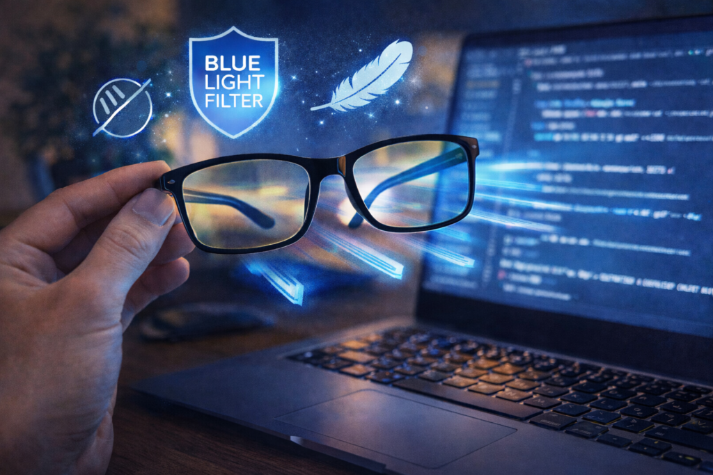 Kako odabrati naočale za rad na računaru 1 Naočale za rad na računaru s filterom za plavo svjetlo ispred laptopa, koje smanjuju umor očiju i naprezanje vida