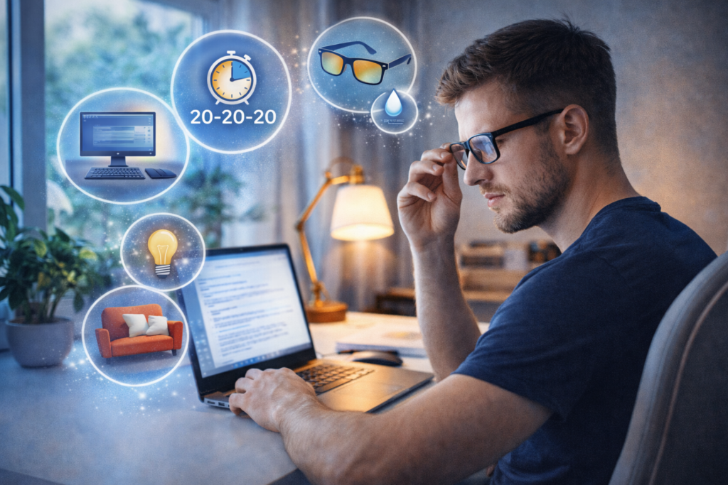 7 savjeta za zaštitu očiju ako radiš od kuće 1 Rad od kuće za računarom uz pravilnu zaštitu očiju, korištenje naočala za ekran i 20-20-20 pravilo